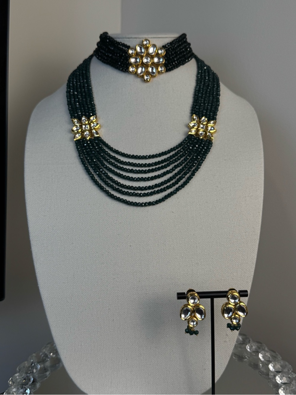 Three Piece Kundan Emerald Layered Mala Set – Choker, Necklace & Earrings | New
